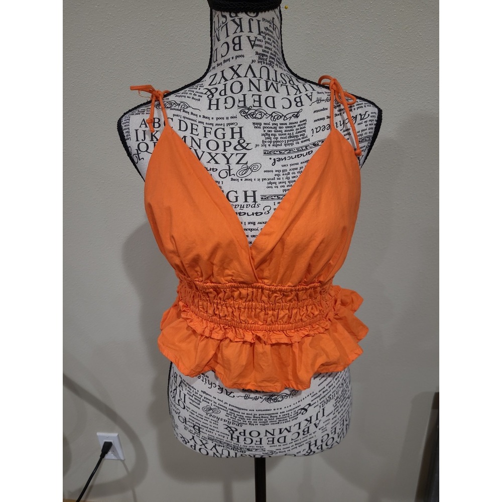 Sim & Sam womens SZ S Orange strappy tie tank top shirred waist boho festival‎